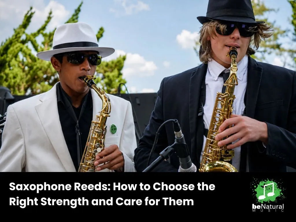 Two saxophone players performing outdoors in formal attire, playing alto saxophones during a live ensemble, illustrating saxophone reeds, tone production, and beginner to advanced music performance.