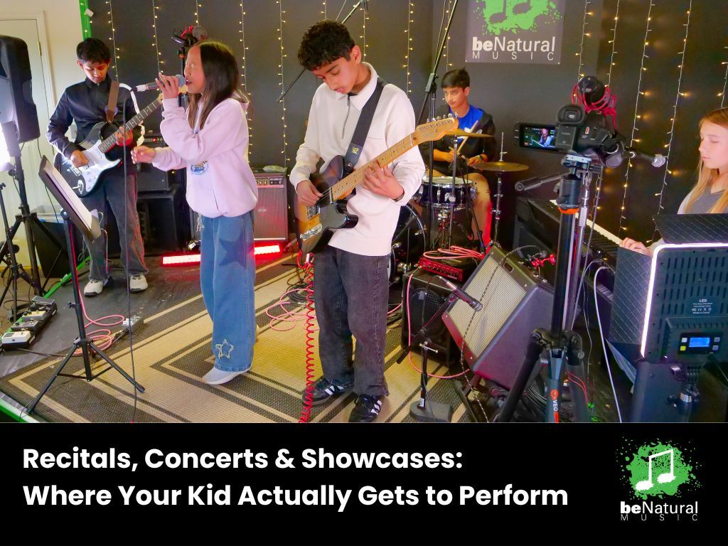 Young musicians performing at a student showcase concert, gaining real-world stage experience through Be Natural Music's youth music lessons and recital programs