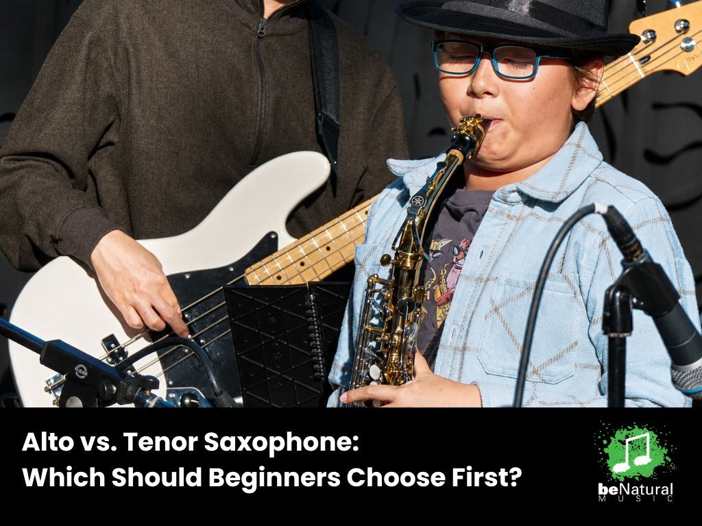 Young student performing saxophone on stage during a live band, focusing on beginner music education and saxophone learning, with band instruments including bass guitar in background.