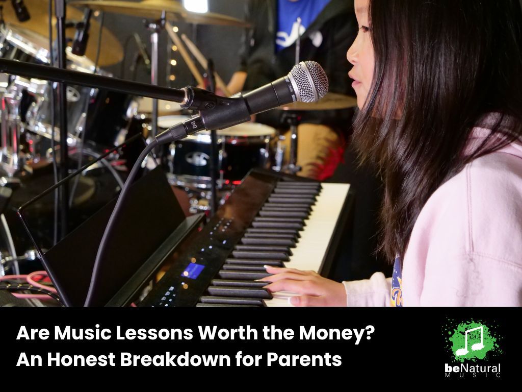 Child playing keyboard and singing into a microphone during a music lesson, illustrating the value of music lessons for parents considering investing in their child’s musical education.