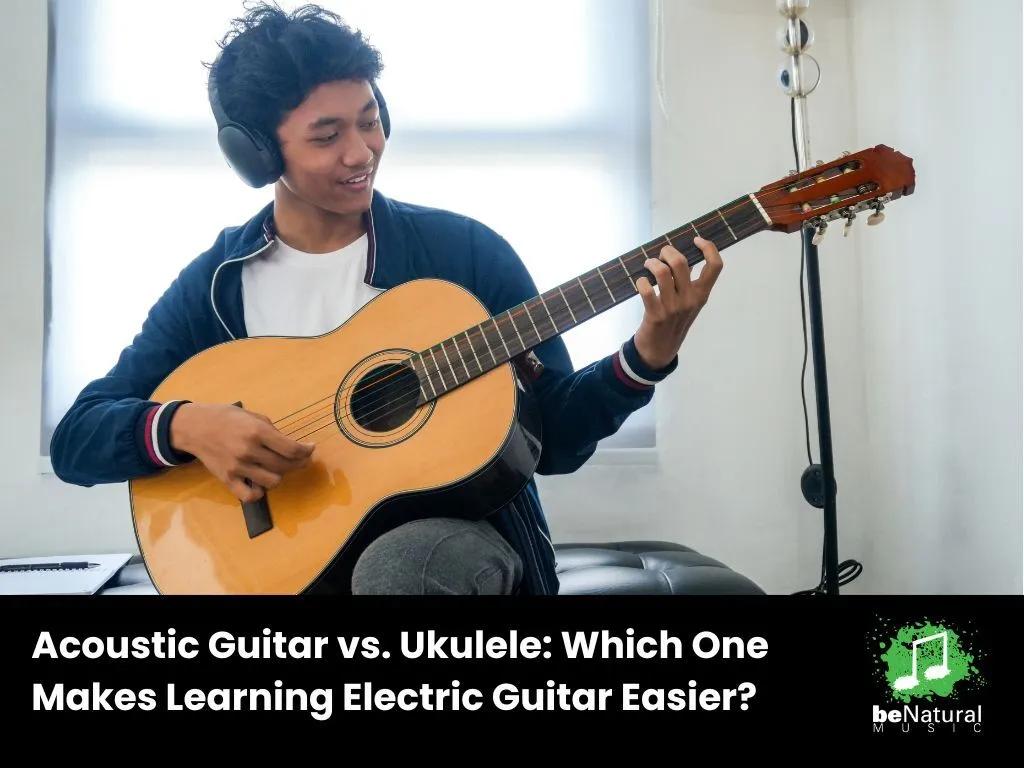 Young man playing acoustic guitar indoors with headphones, practicing chords. Concept of acoustic guitar vs ukulele and beginner learning path to electric guitar.