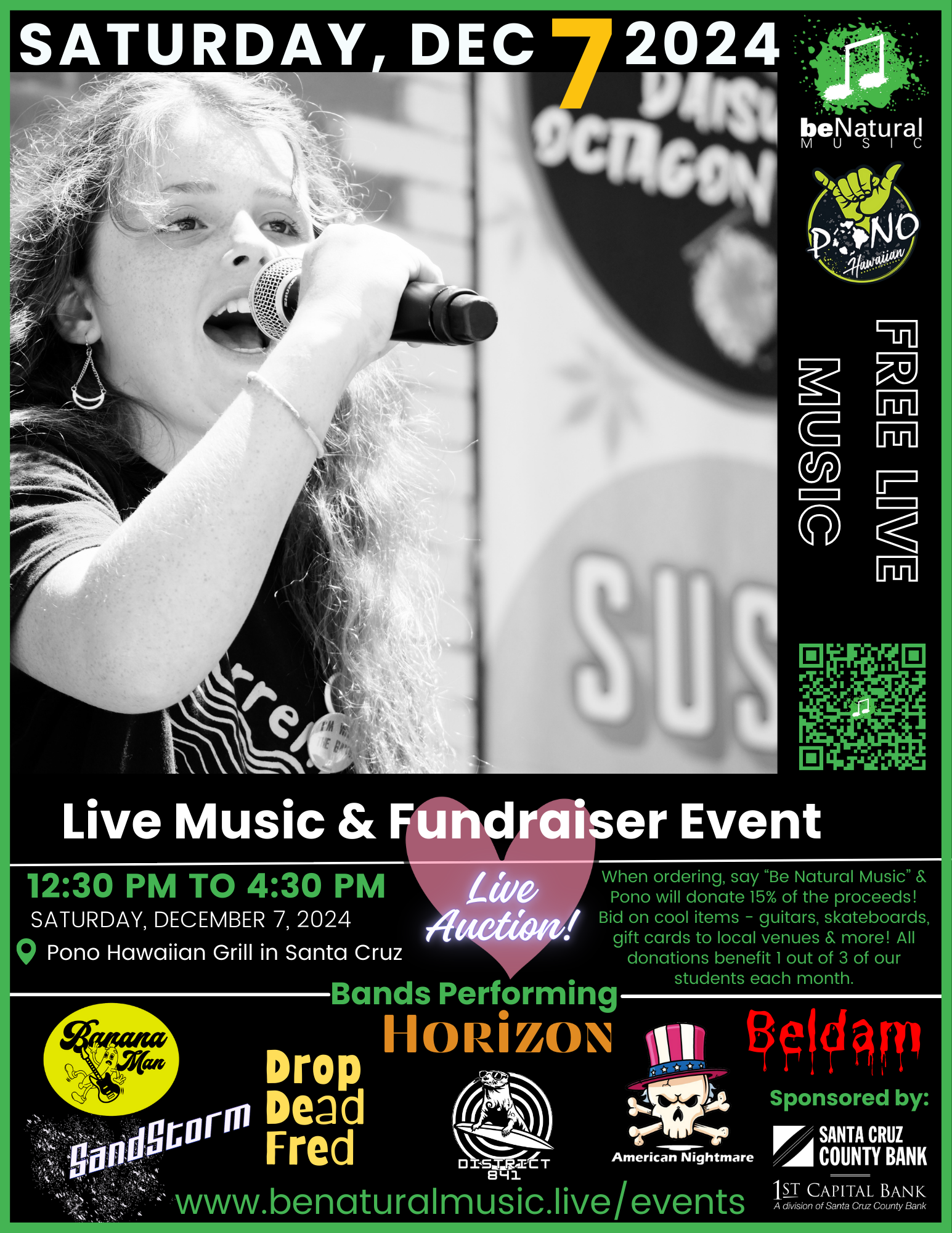 Live Music & Fundraise Event in Pono Hawaiian in Santa Cruz on December 07 2024 Banner