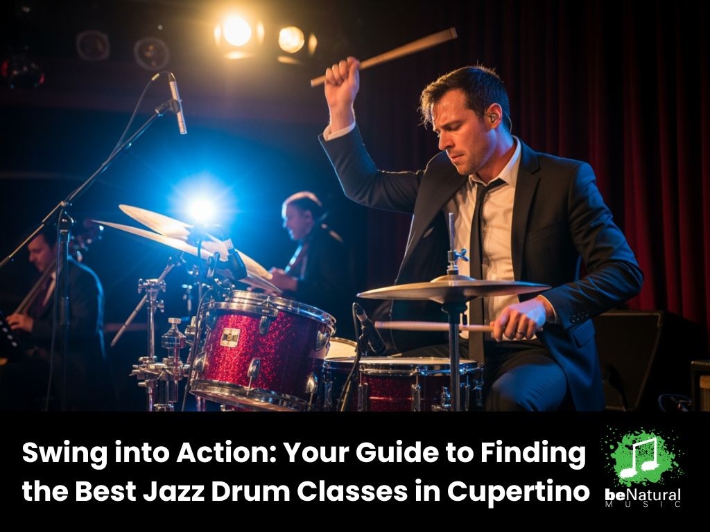 Jazz drummer in a suit playing drums on stage under warm stage lights during a live performance, with band members in the background and text promoting jazz drum classes in Cupertino.