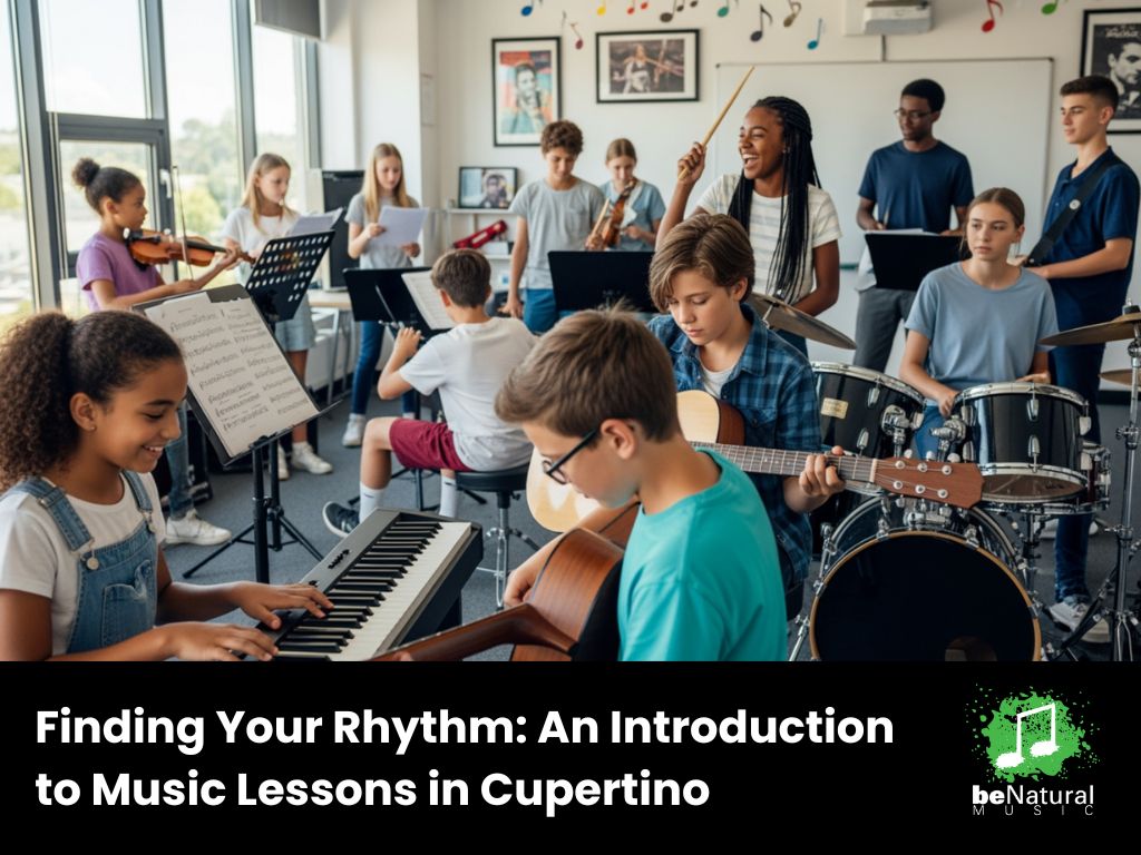 Introduction to music lessons in Cuperna, featuring diverse instruments and students engaging in rhythm exercises.
