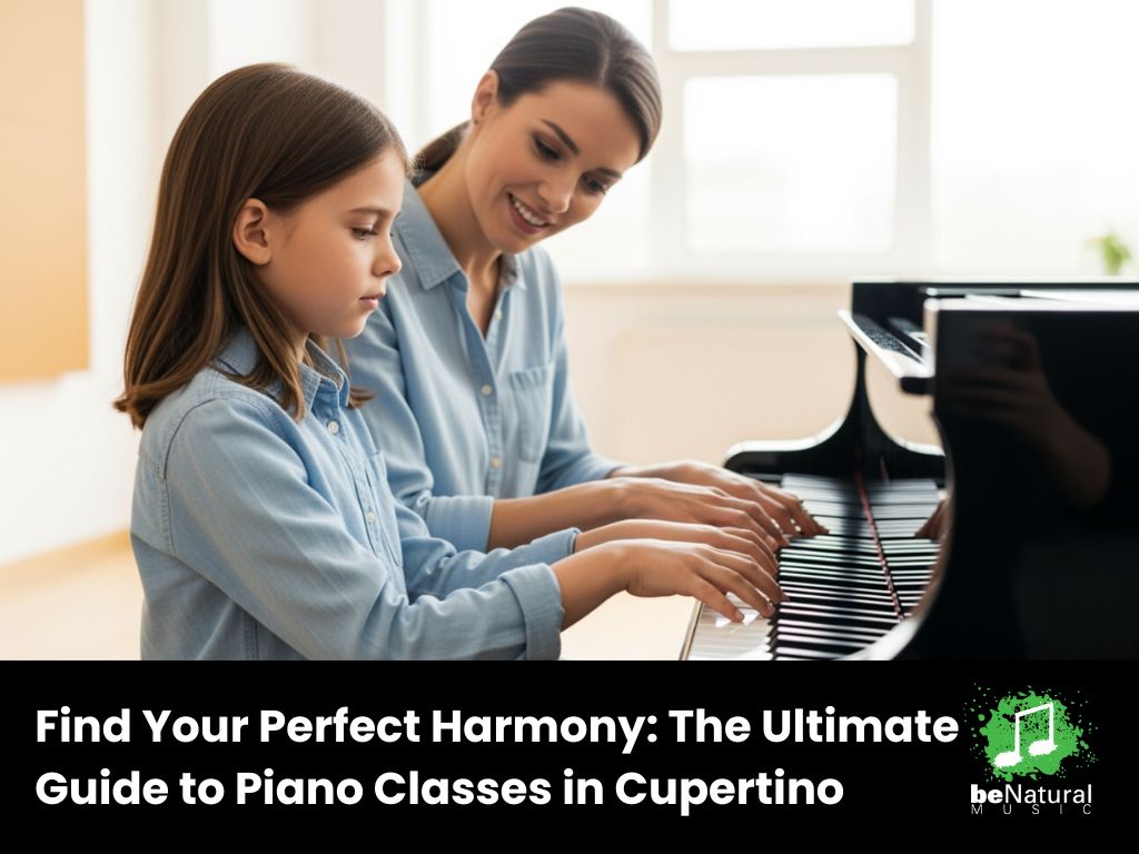 Piano teacher guiding a young student during a lesson in a bright music studio.