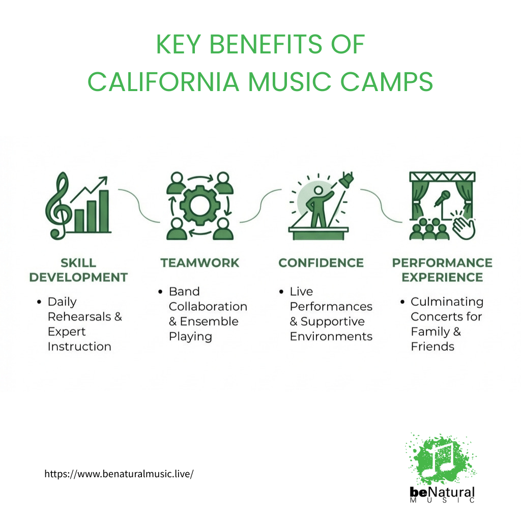 User-Inserted Infographic showing key benefits of music camps: skill development through daily rehearsals and expert instruction, teamwork via band collaboration and ensemble playing, confidence building through live performances and supportive environments, and performance experience with culminating concerts for family and friends - music camps california infographic