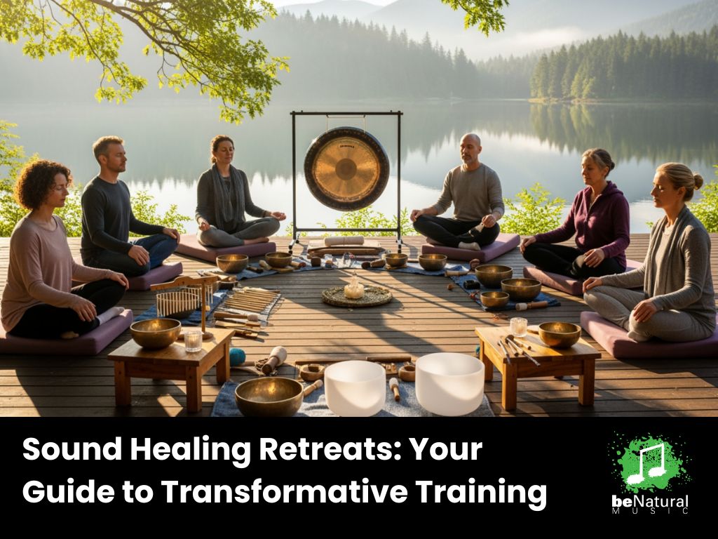 Group of people meditating during a sound healing retreat by a serene lake, surrounded by Tibetan singing bowls, gongs, and other instruments, with the beNatural Music logo in the corner.