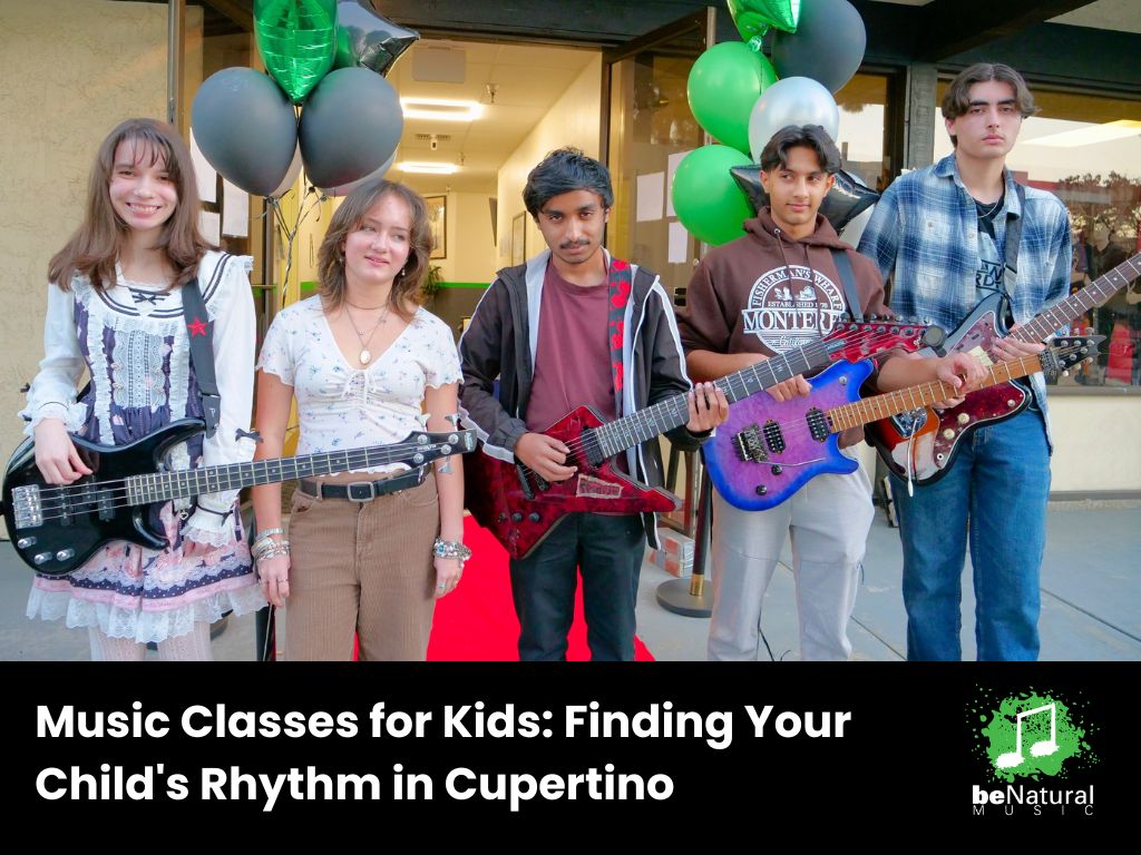 Group of young music students posing with their guitars and bass outside BeNatural Music in Cupertino, celebrating their music classes.