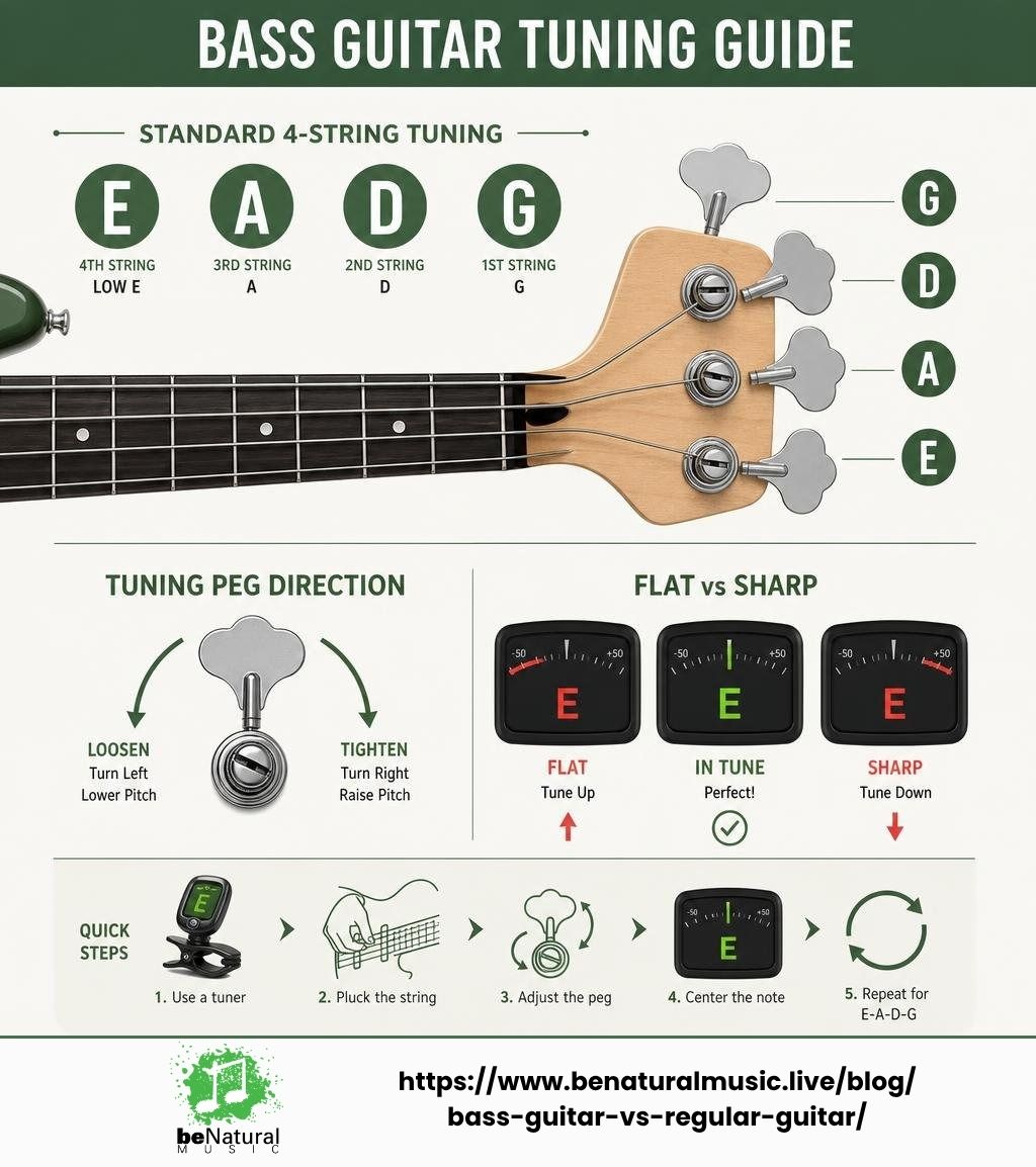 Bass guitar tuning guide showing standard 4-string e a d g tuning, tuning peg direction, and flat vs sharp meter for beginners learning how to tune bass correctly.