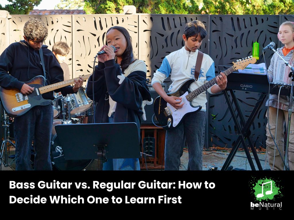 Youth rock band performing live outdoors, teens playing electric guitars, singing vocals, and keyboard, music rehearsal or concert performance scene, band practice for students.