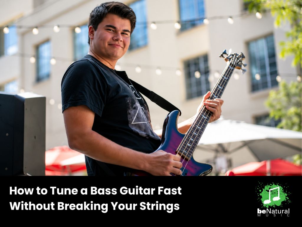 Musician tuning a bass guitar outdoors, adjusting tuning pegs by hand. Beginner tutorial showing how to tune bass guitar quickly and safely without breaking strings or damaging setup.